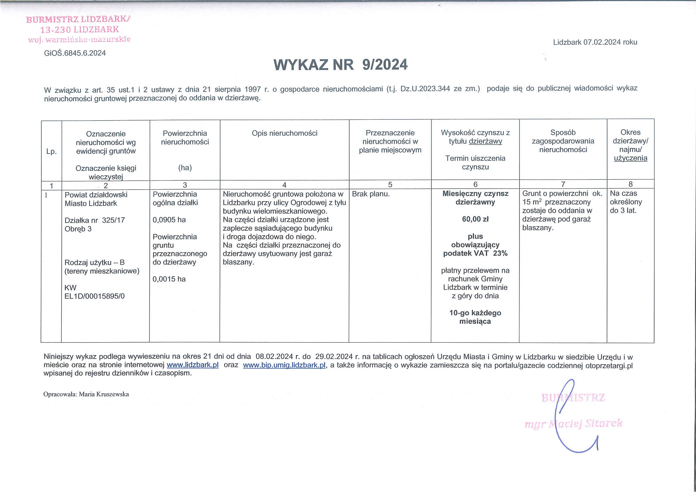 Wykaz Nr 9/2024 - Nieruchomość gruntowa do dzierżawy - Lidzbark obr. 3 dz. nr 325/17